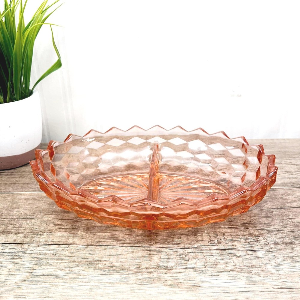 Vintage Pink Depression Glass Bowl- Pink Crystal Jeanette Divided Dish